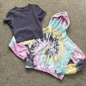 Aero hooded zip-up crop tie dye lightweight sweatshirt & matching Zara tshirt  M